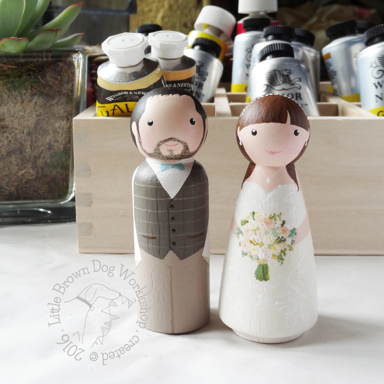 Wooden peg doll wedding cake topper by Little Brown Dog Workshop